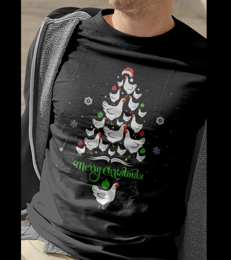 Merry Chickmas Chicken Lover Christmas Tree With Santa Hat And Ornaments T-Shirt