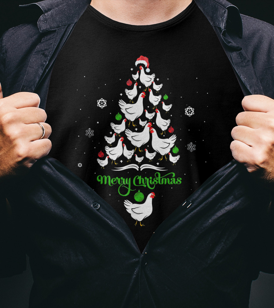Merry Chickmas Chicken Lover Christmas Tree With Santa Hat And Ornaments T-Shirt