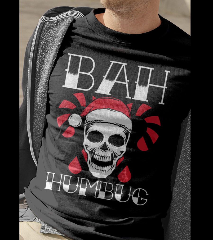 Bah Humbug Skull With Xmas Hat And Candy Canes T-Shirt