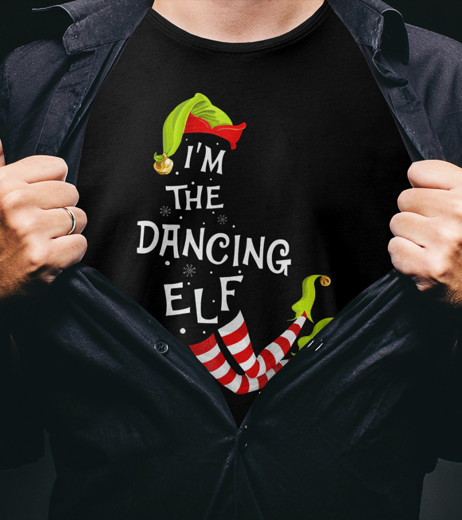 I'm The Dancing Elf Christmas Striped Stockings And Festive Hat T-Shirt