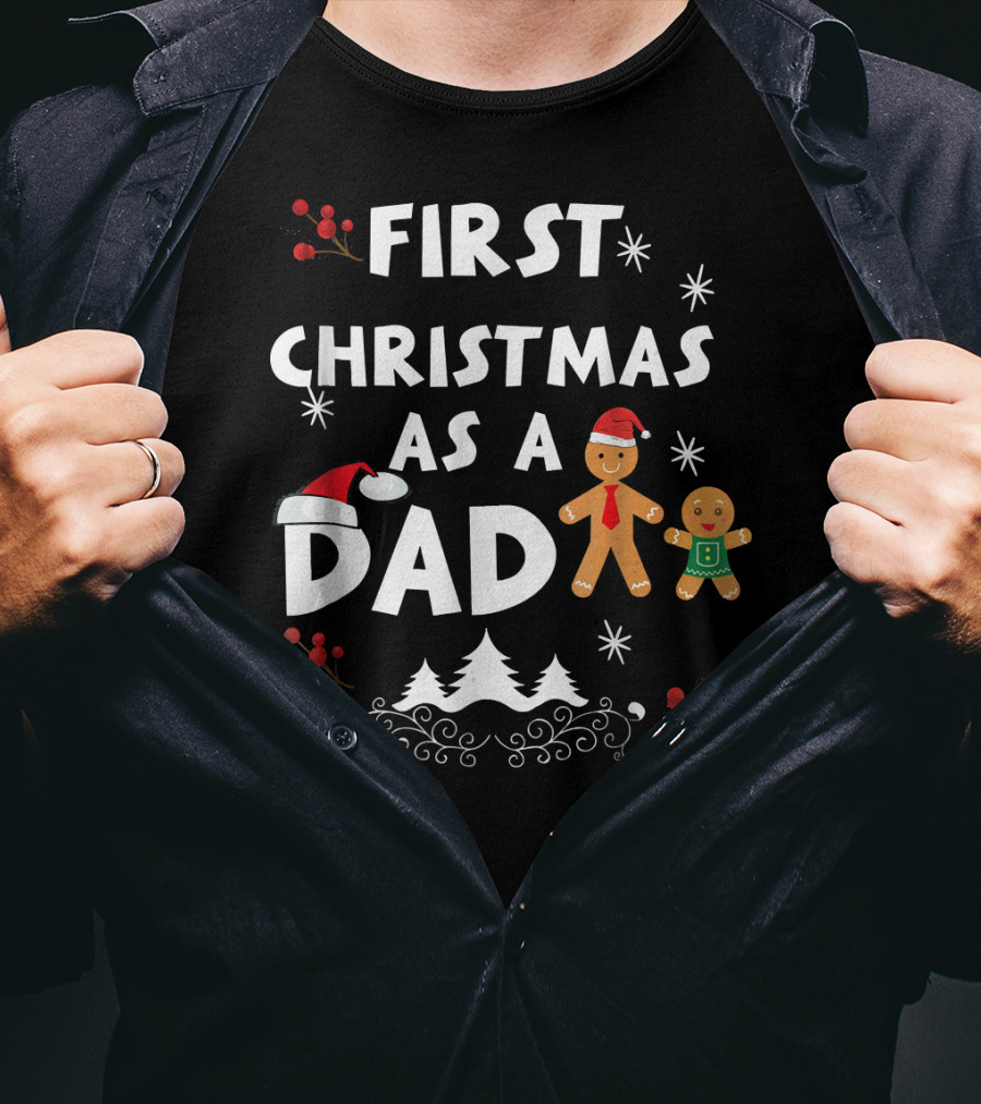 First Christmas As A Dad Gingerbread Snowflakes Holiday Scene T-Shirt