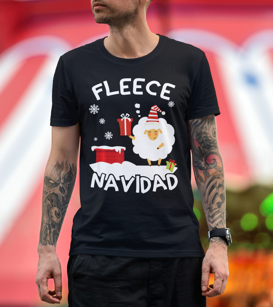 Fleece Navidad Sheep with Santa Hat and Gift Chimney Snowflakes T-Shirt