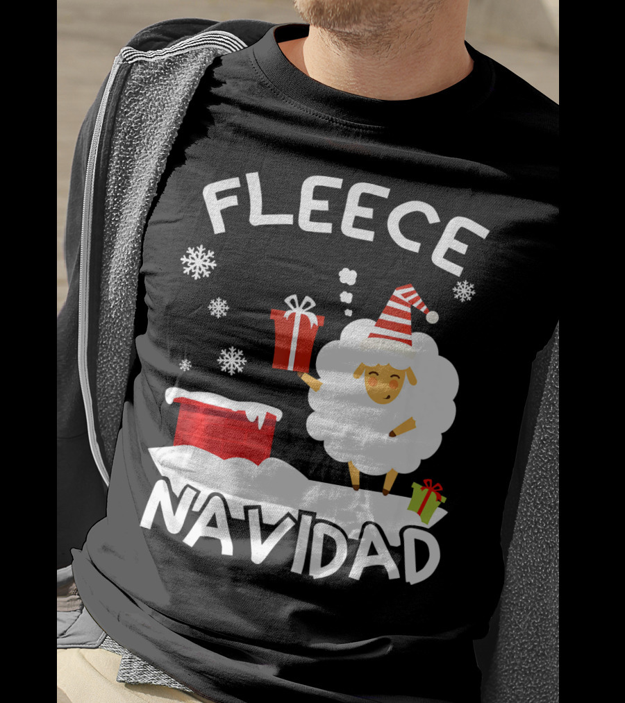 Fleece Navidad Sheep With Santa Hat And Gift Chimney Snowflakes T-Shirt