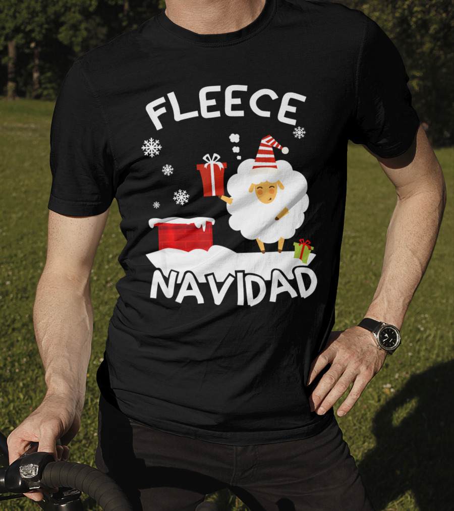 Fleece Navidad Sheep With Santa Hat And Gift Chimney Snowflakes T-Shirt