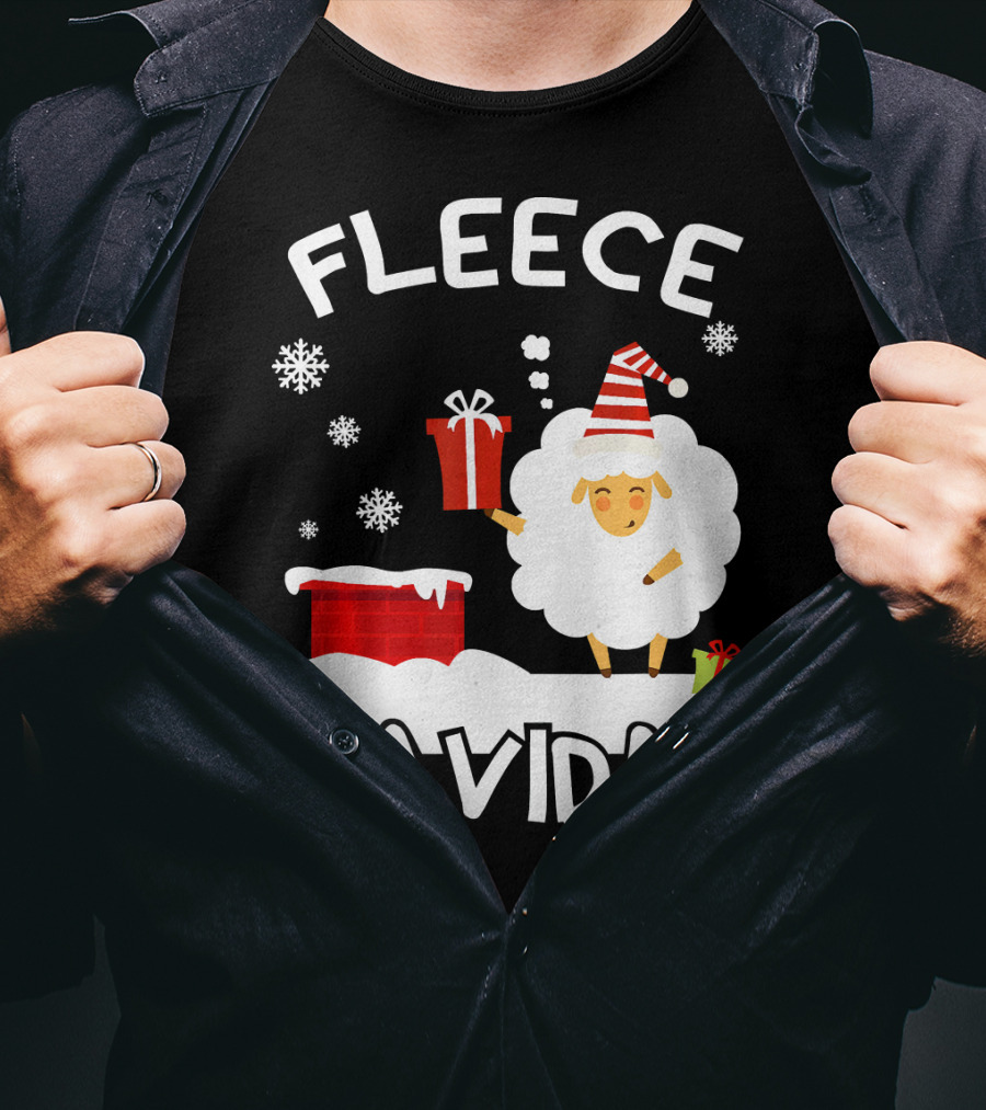 Fleece Navidad Sheep With Santa Hat And Gift Chimney Snowflakes T-Shirt