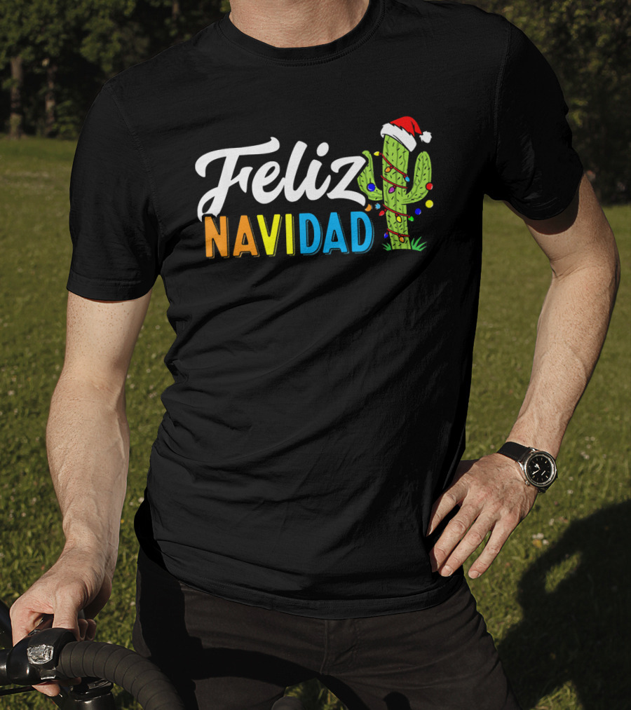 Feliz Navidad Cactus Santa Hat Christmas Lights T-Shirt