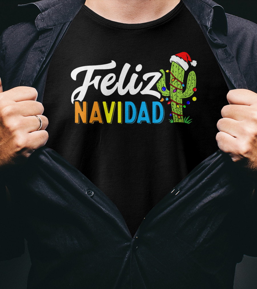 Feliz Navidad Cactus Santa Hat Christmas Lights T-Shirt
