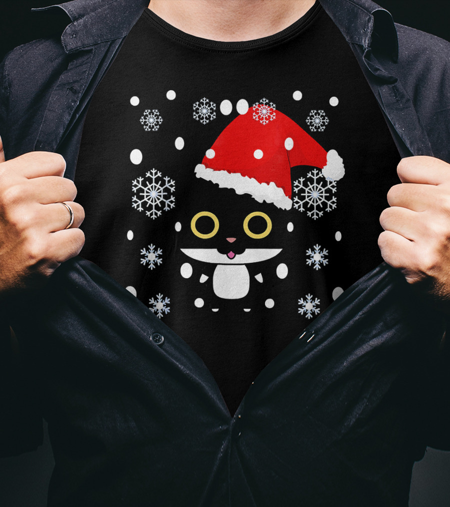 Cute Kawaii Cat With Santa Hat And Snowflakes Christmas T-Shirt