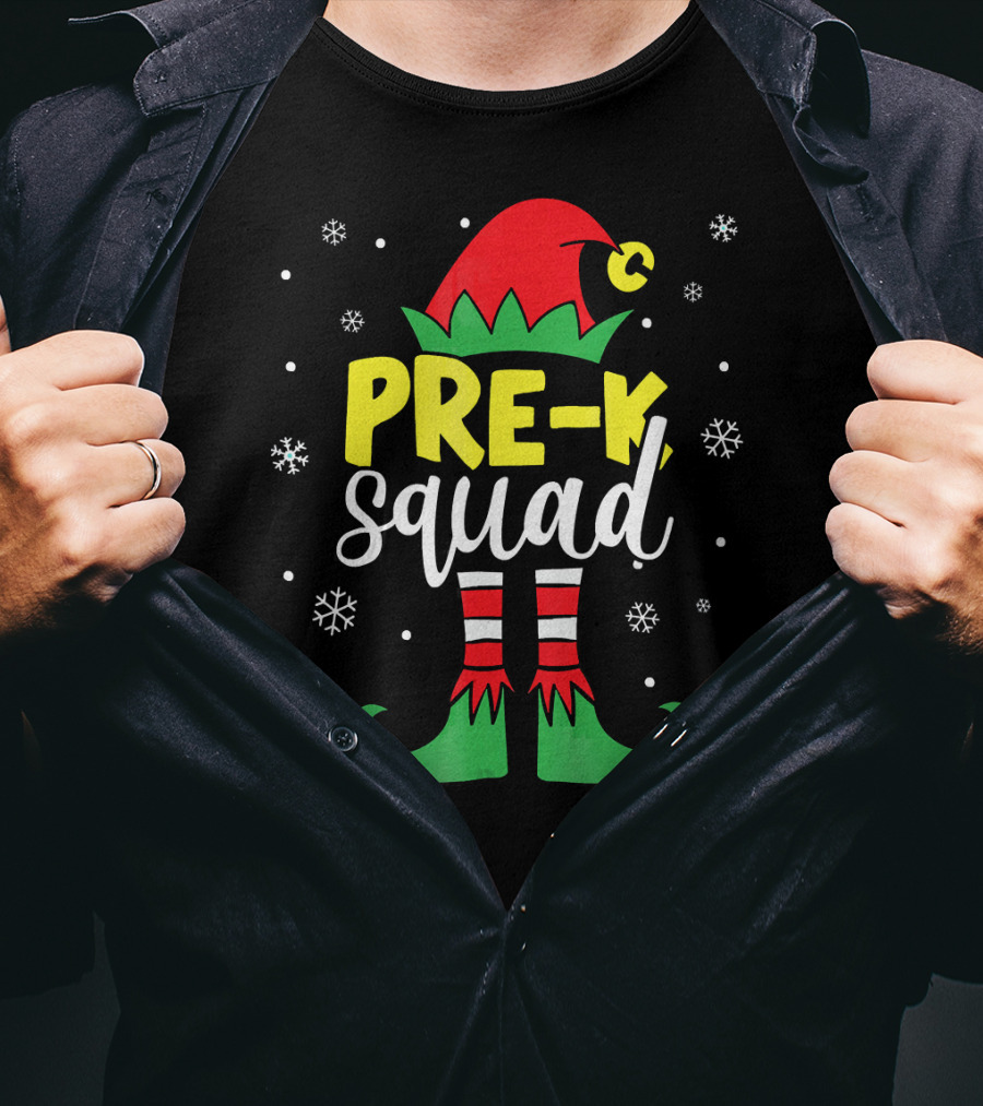 Pre K Squad Teacher Elf Christmas Snowflakes T-Shirt