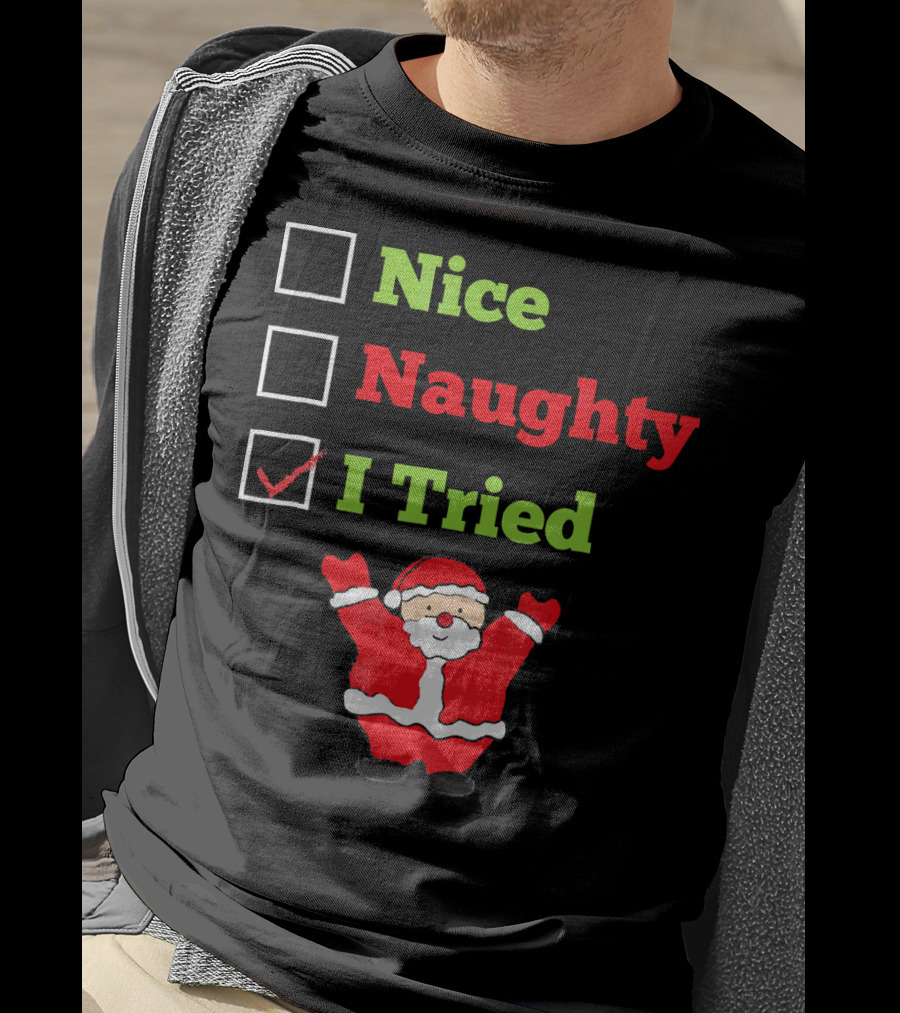 Nice Naughty I Tried Santa Checklist Funny Christmas T-Shirt