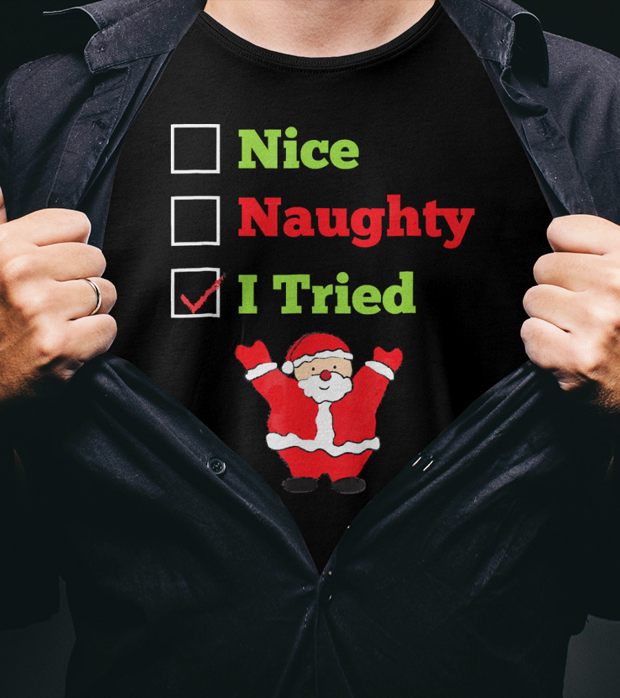 Nice Naughty I Tried Santa Checklist Funny Christmas T-Shirt