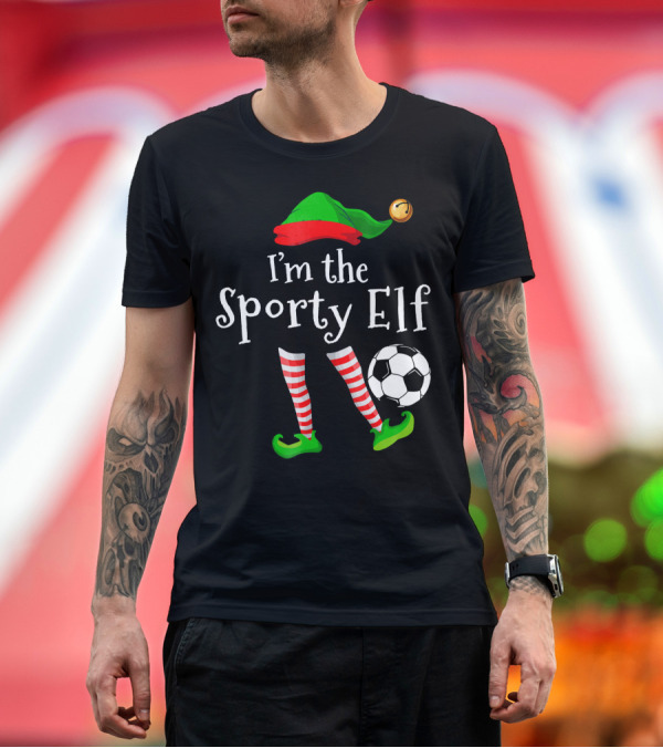 Premium T-Shirt: I'm the Sporty Elf Soccer Player Festive Holiday Striped Socks and Green Shoes with Soccer Ball T-Shirt I'm the Sporty Elf Soccer Player Festive Holiday Striped Socks and Green Shoes with Soccer Ball T-Shirt