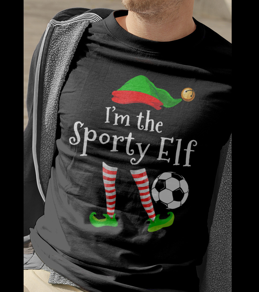 I'm The Sporty Elf Soccer Player Festive Holiday Striped Socks And Green Shoes With Soccer Ball T-Shirt
