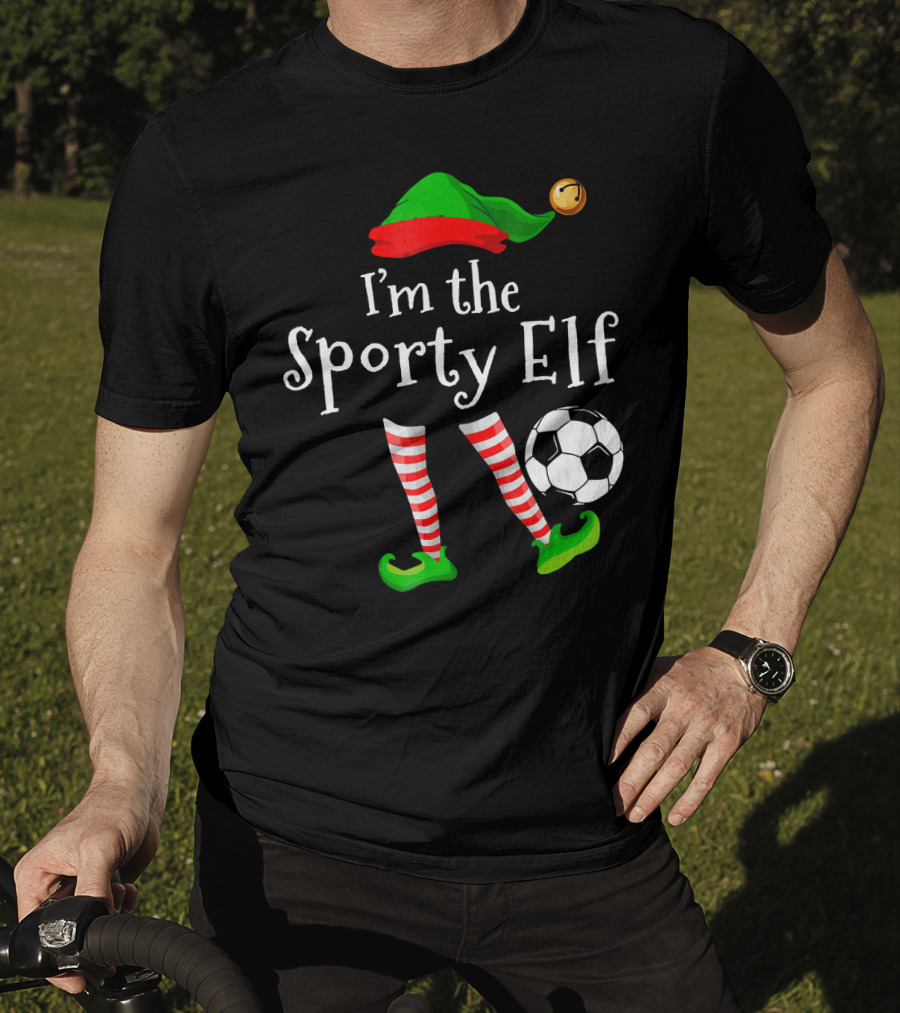 I'm The Sporty Elf Soccer Player Festive Holiday Striped Socks And Green Shoes With Soccer Ball T-Shirt