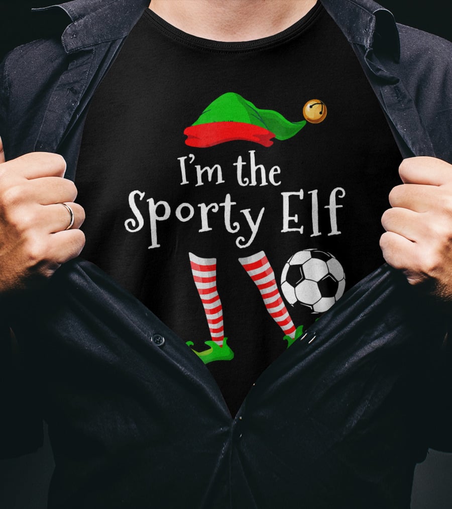 I'm The Sporty Elf Soccer Player Festive Holiday Striped Socks And Green Shoes With Soccer Ball T-Shirt