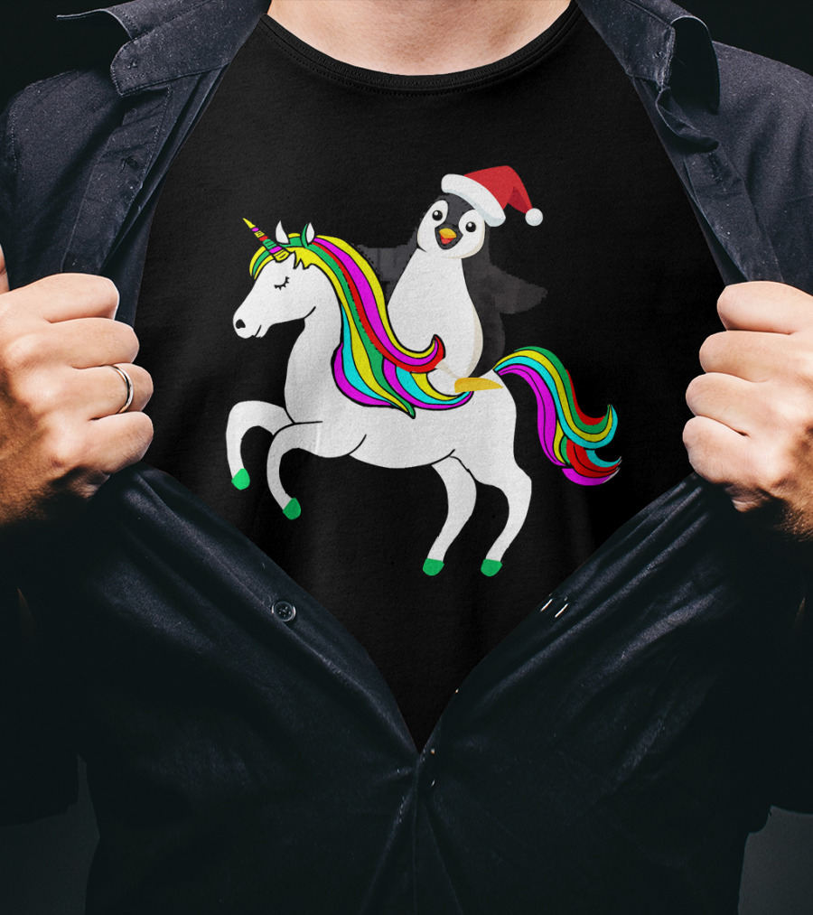 Penguin In Santa Hat Riding A Rainbow Unicorn T-Shirt