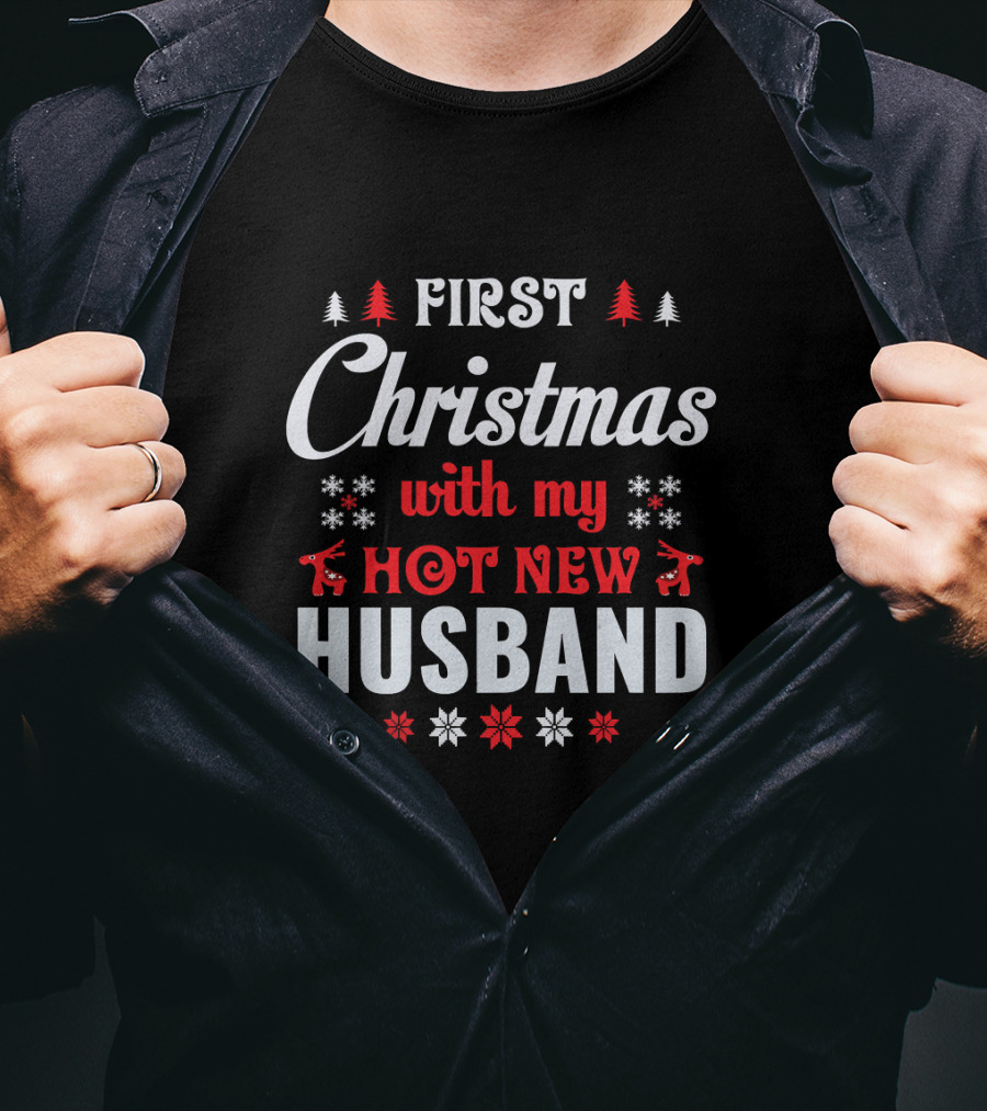 First Christmas With My Hot New Husband Reindeer Snowflakes T-Shirt