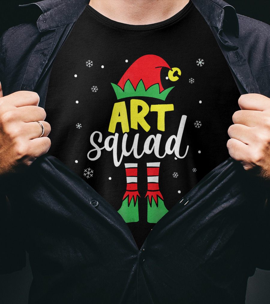 Art Squad Elf Christmas Teacher Snowflakes T-Shirt