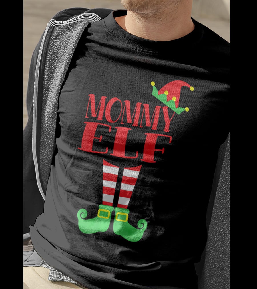 Mommy ELF Christmas Hat And Striped Socks Festive Season T-Shirt