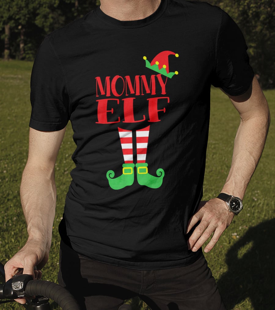Mommy ELF Christmas Hat And Striped Socks Festive Season T-Shirt