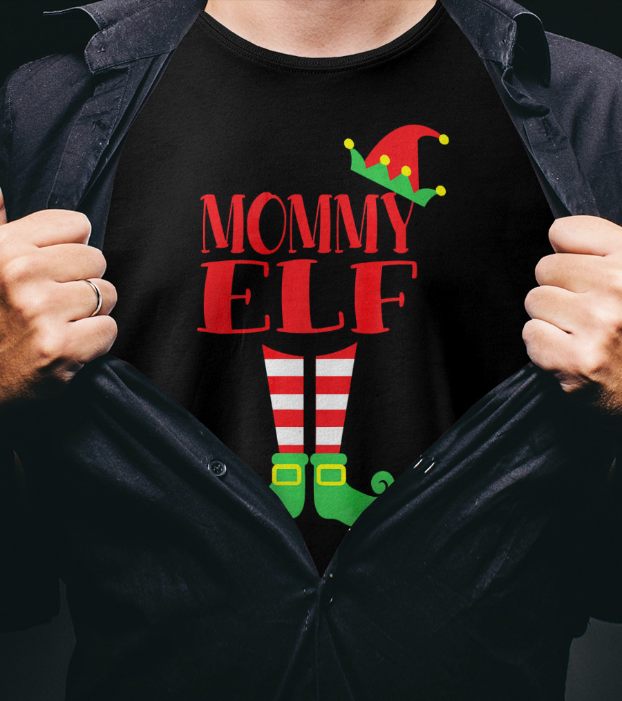 Mommy ELF Christmas Hat And Striped Socks Festive Season T-Shirt