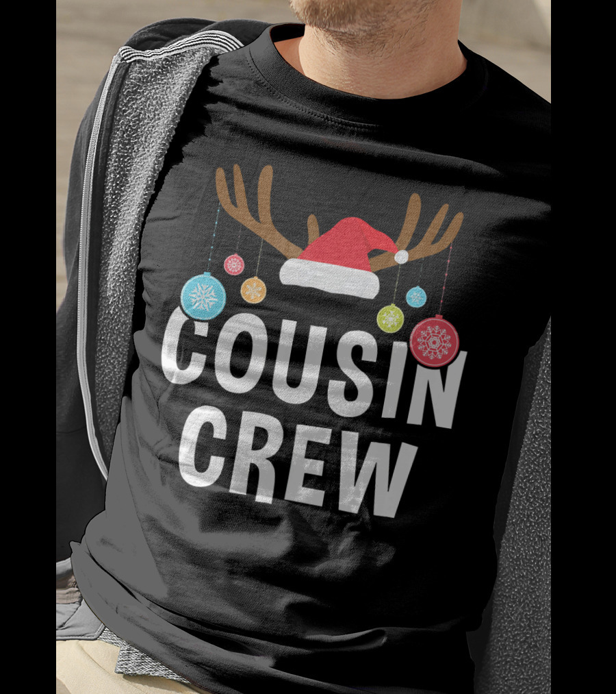 Cousin Crew Christmas PJs Reindeer Antlers Santa Hat Ornaments T-Shirt