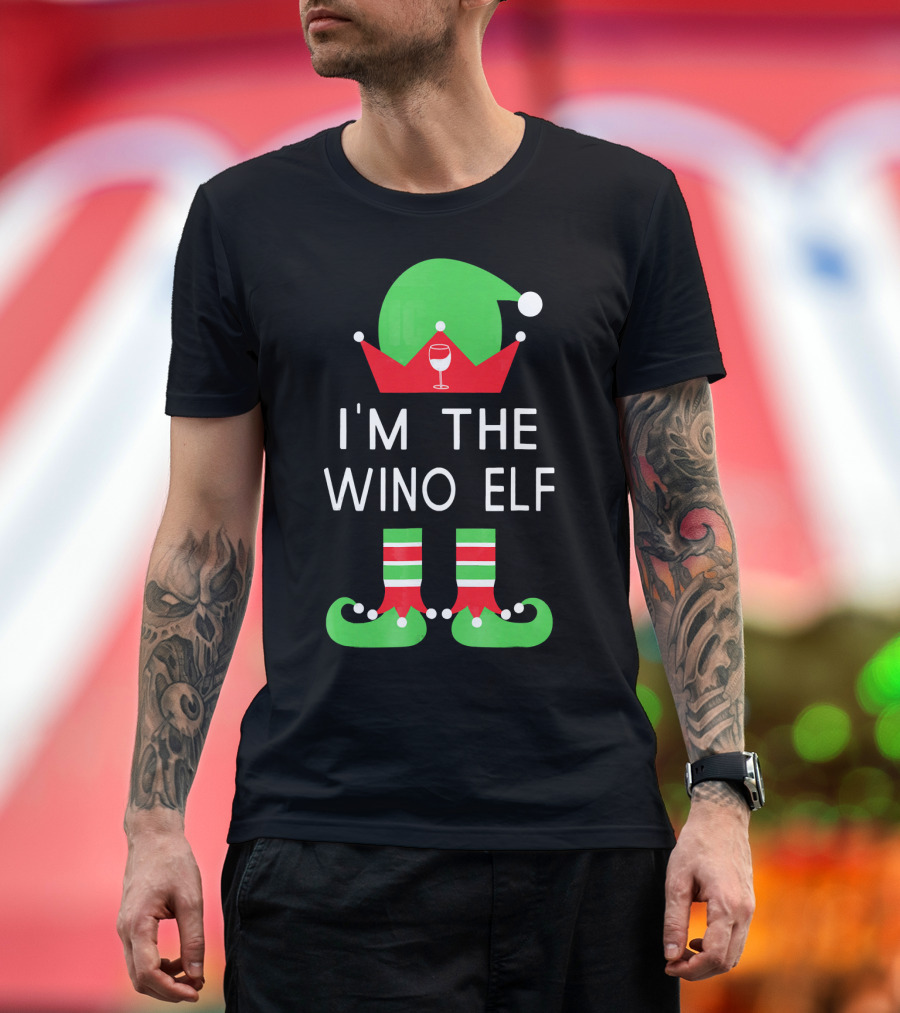 I'm the Wino Elf Funny Christmas Wine Green Red Hat and Striped Socks T-Shirt