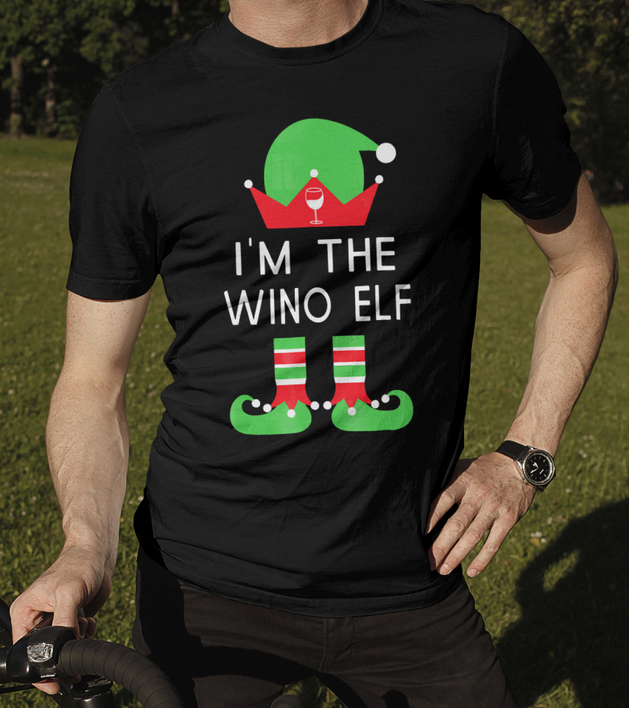 I'm The Wino Elf Funny Christmas Wine Green Red Hat And Striped Socks T-Shirt