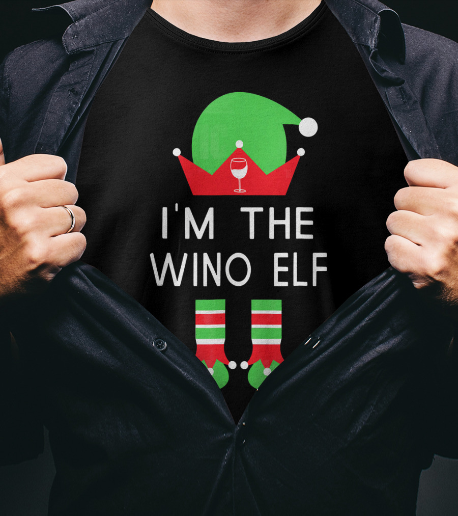I'm The Wino Elf Funny Christmas Wine Green Red Hat And Striped Socks T-Shirt