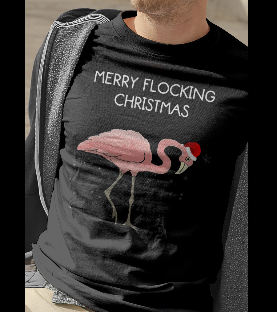 Merry Flocking Christmas Pink Flamingo Santa Hat T-Shirt