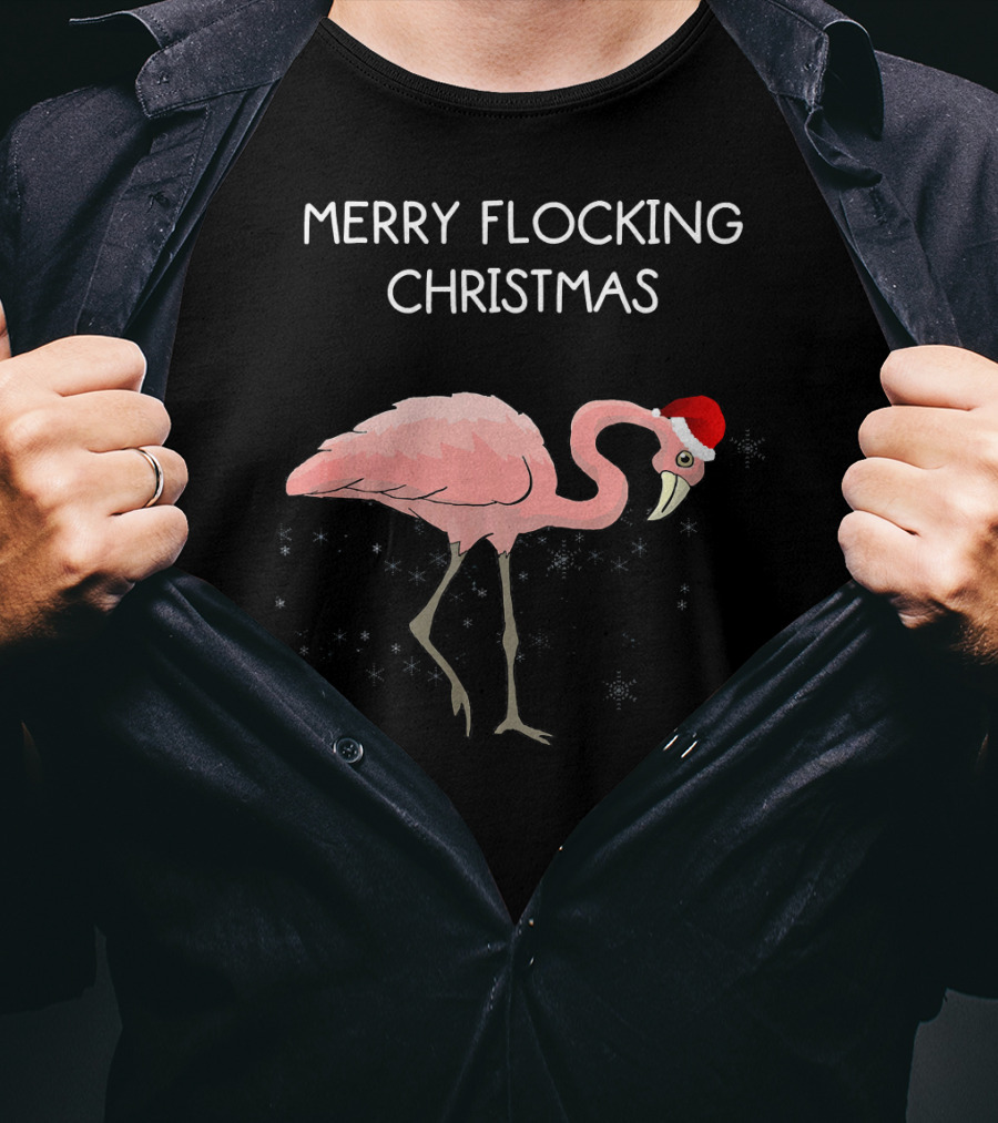 Merry Flocking Christmas Pink Flamingo Santa Hat T-Shirt