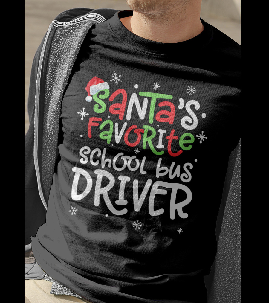 Santa's Favorite School Bus Driver Christmas Snowflakes T-Shirt