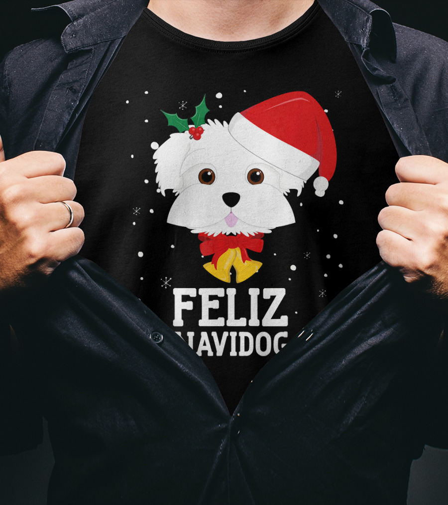 Feliz Navidog Christmas Dog In Santa Hat Maltese T-Shirt