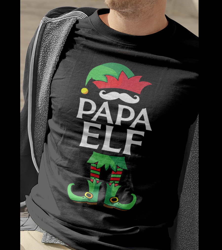 Papa Elf Costume Christmas Holiday Match With Santa Hat And Green Boots T-Shirt