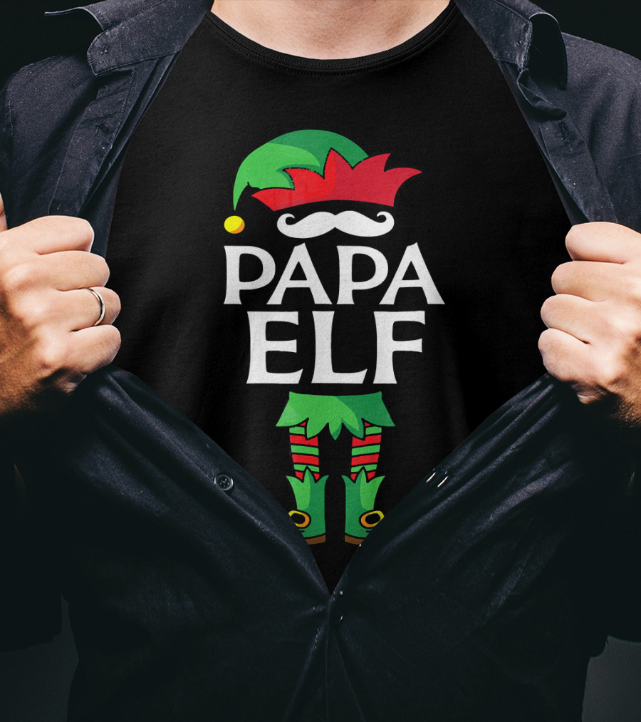 Papa Elf Costume Christmas Holiday Match With Santa Hat And Green Boots T-Shirt