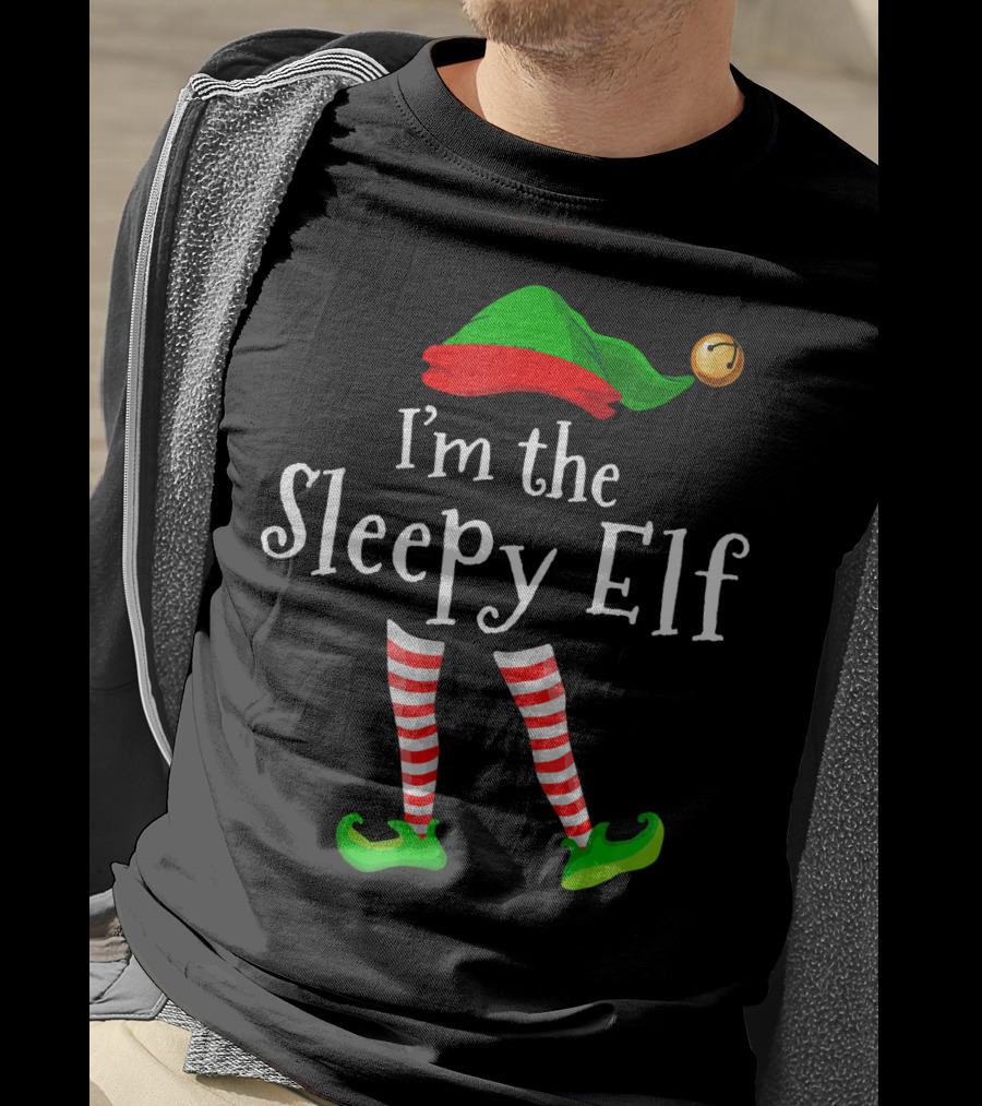 I'm The Sleepy Elf Green Hat Striped Stockings Jingle Bell T-Shirt