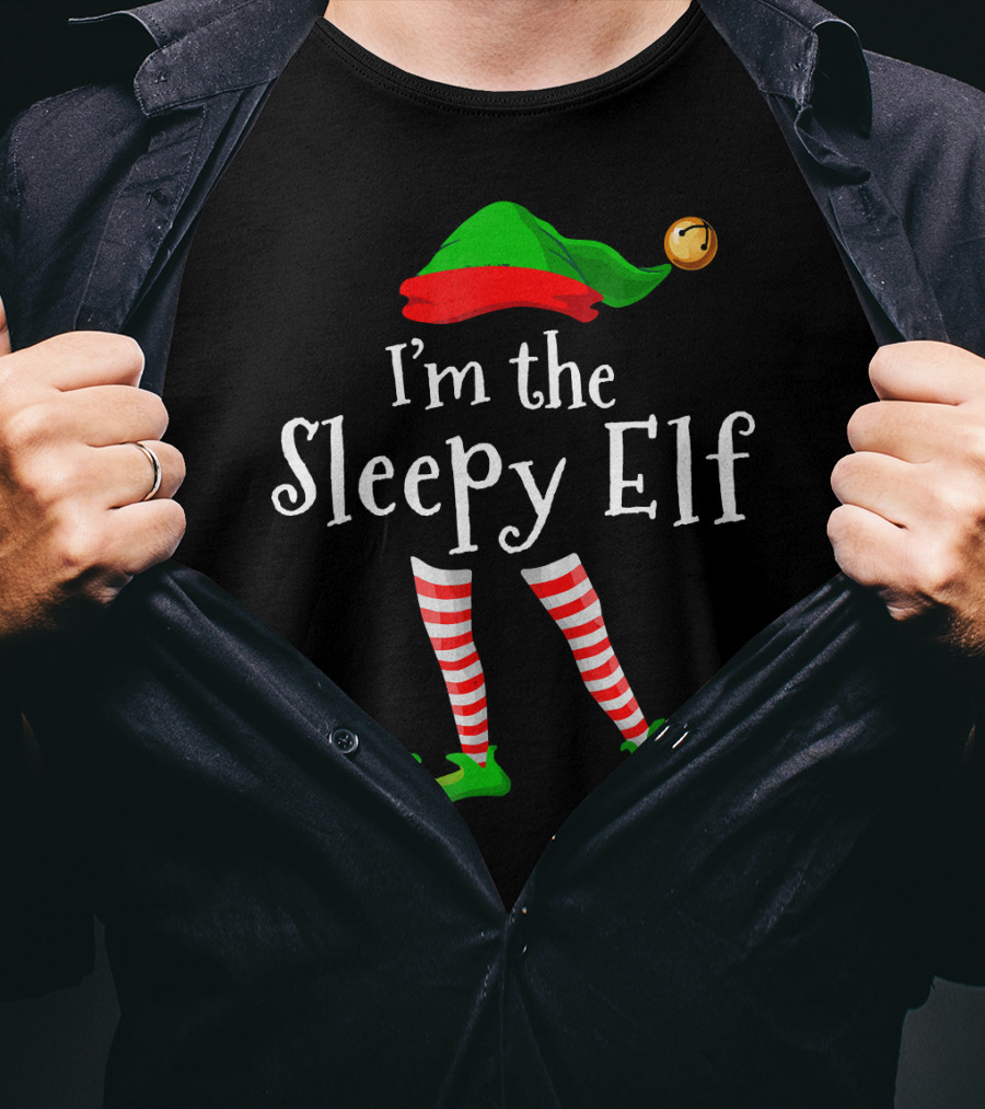 I'm The Sleepy Elf Green Hat Striped Stockings Jingle Bell T-Shirt