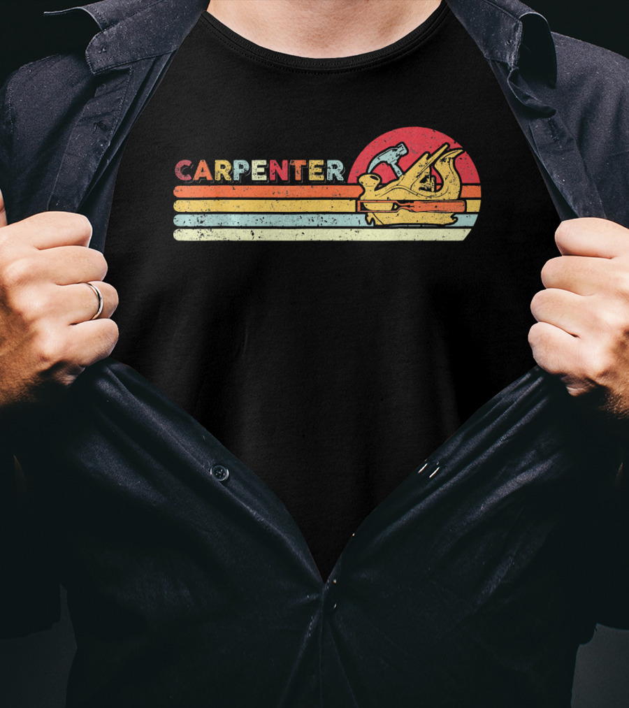 Carpenter Vintage Cool Carpenter Hammer Plane Retro Sun Stripes T-Shirt