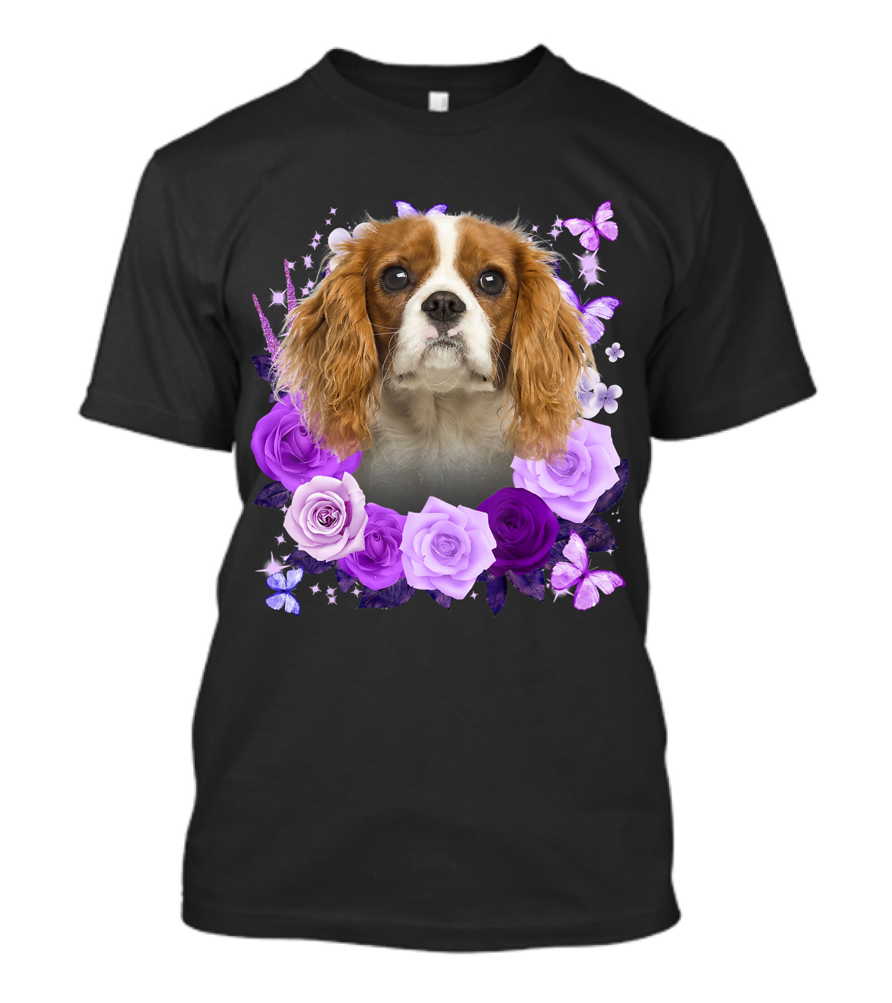 Purple Bloom With Flowers And Butterflies Featuring Cavalier King Charles Spaniel Floral Arrangement T-Shirt
