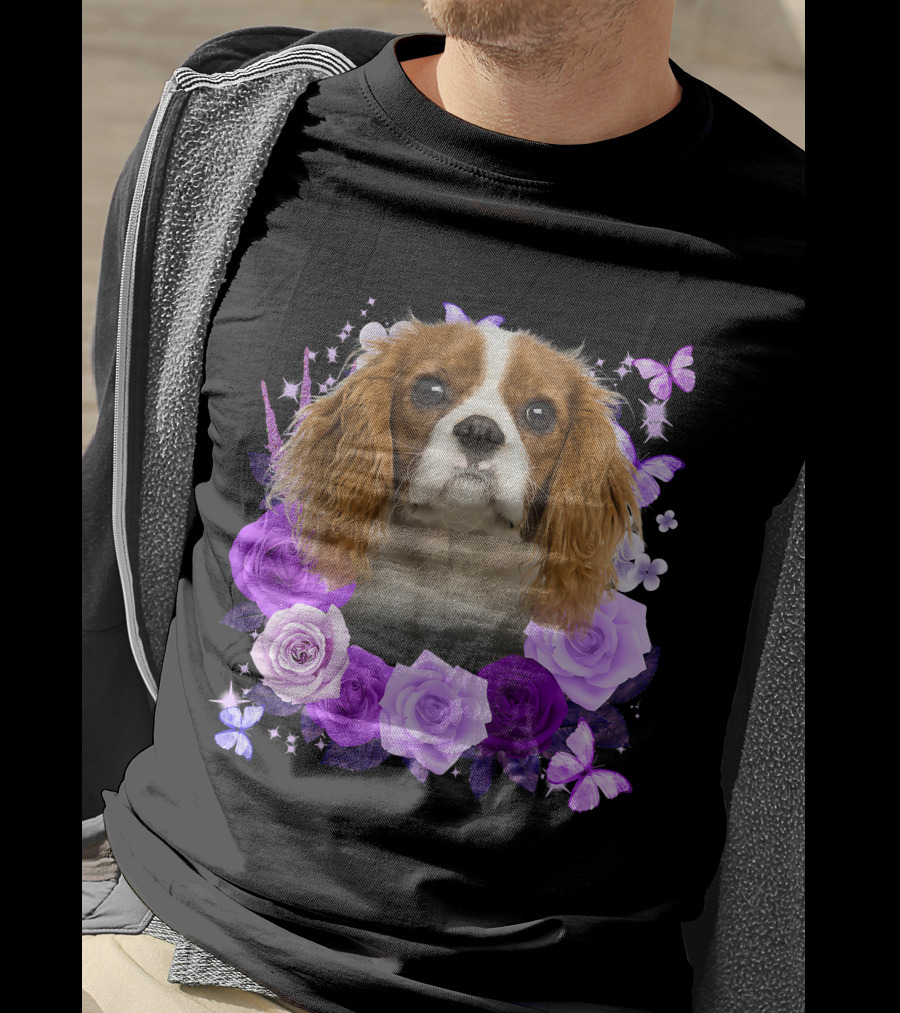 Purple Bloom With Flowers And Butterflies Featuring Cavalier King Charles Spaniel Floral Arrangement T-Shirt