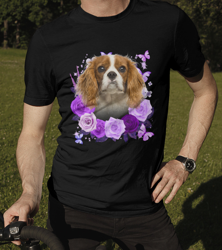 Purple Bloom With Flowers And Butterflies Featuring Cavalier King Charles Spaniel Floral Arrangement T-Shirt