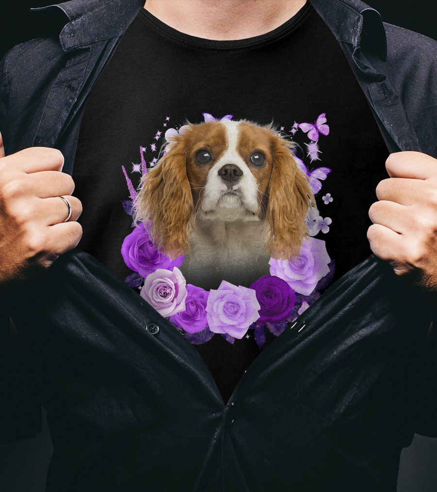 Purple Bloom With Flowers And Butterflies Featuring Cavalier King Charles Spaniel Floral Arrangement T-Shirt