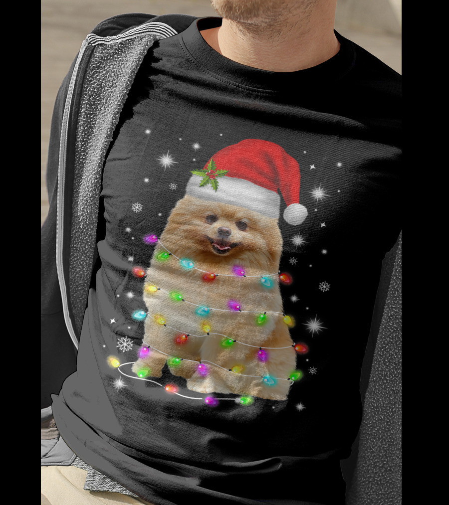 Pomeranian Pup Wrapped In Christmas Lights With Santa Hat And Festive Glow T-Shirt
