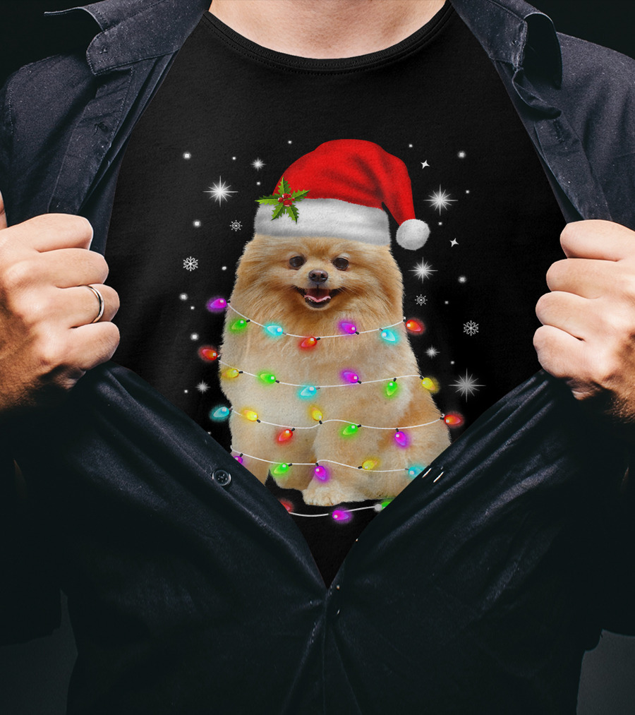 Pomeranian Pup Wrapped In Christmas Lights With Santa Hat And Festive Glow T-Shirt