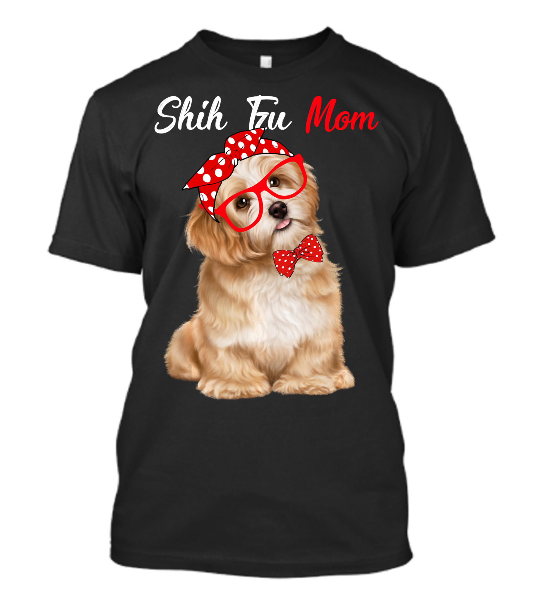 Shih Tzu Mom Red Glasses And Polka Dot Bow Accessories T-Shirt