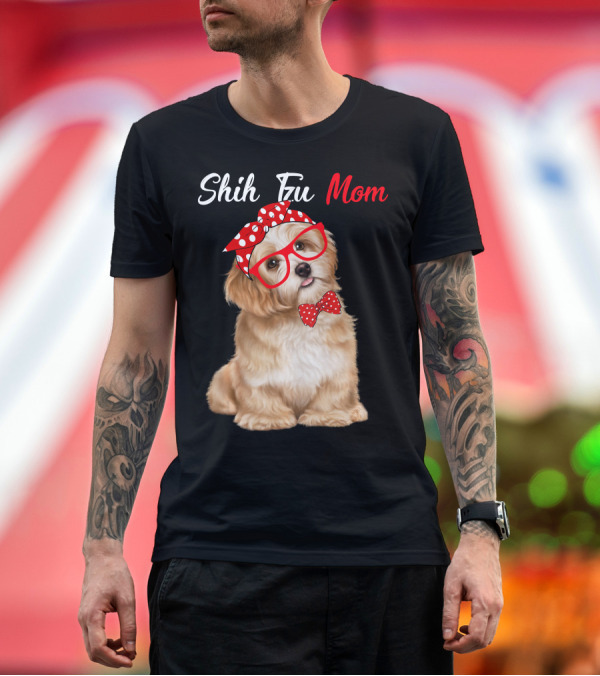 Premium T-Shirt: Shih Tzu Mom Red Glasses and Polka Dot Bow Accessories T-Shirt Shih Tzu Mom Red Glasses and Polka Dot Bow Accessories T-Shirt