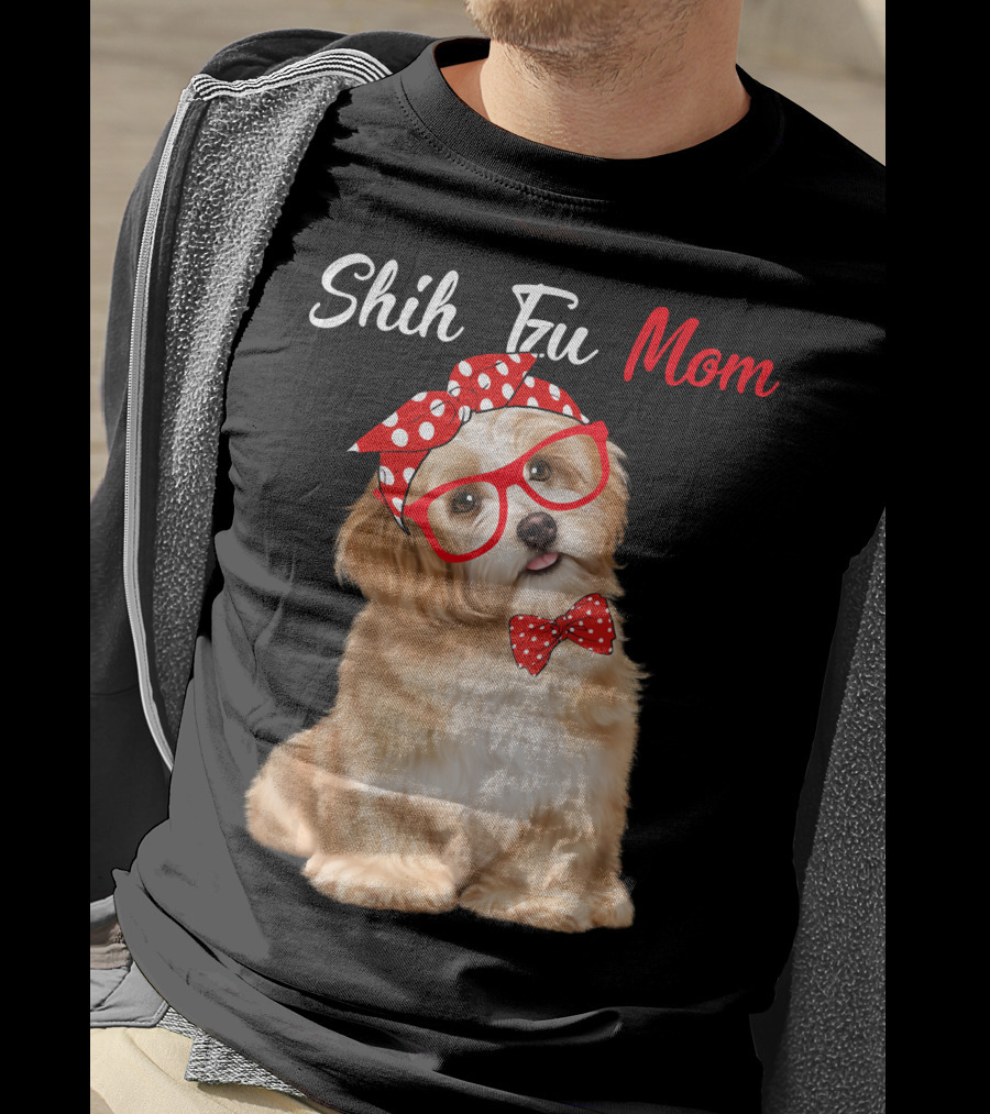 Shih Tzu Mom Red Glasses And Polka Dot Bow Accessories T-Shirt