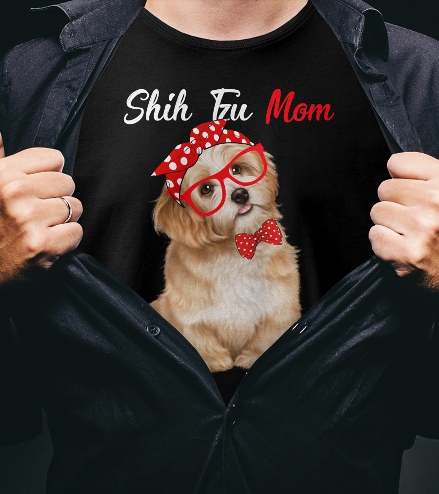 Shih Tzu Mom Red Glasses And Polka Dot Bow Accessories T-Shirt