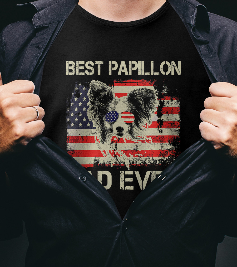 BEST PAPILLON DAD EVER American Flag Papillon T-Shirt