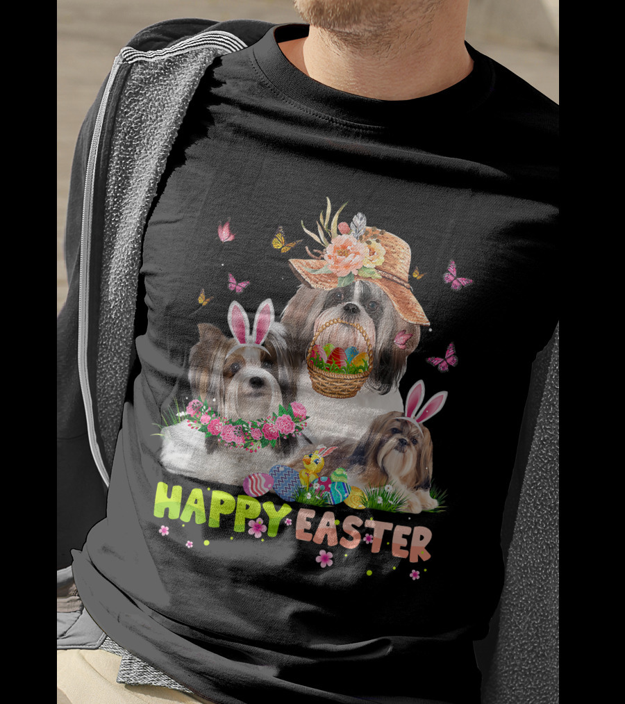 Shih Tzu Dogs With Bunny Ears And Easter Eggs Celebrating Happy Easter T-Shirt